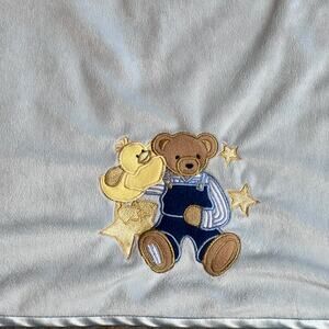 Blue Jean Teddy Bear Velour Baby Blanket Satin Back Duck Stars 30 x 40